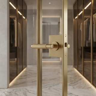 Knurled Door Handle on Round Rose - Satin Brass