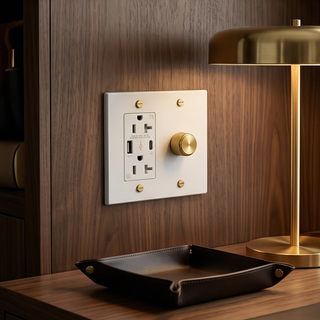 Ivory White & Brass Dimmer + Outlet with USB-C & USB-A 2G