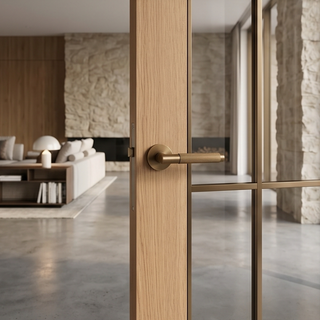 Knurled Door Handle on Round Rose - Aged Brass