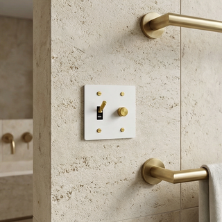 Ivory white and brass 2-gang toggle switch and dimmer plate