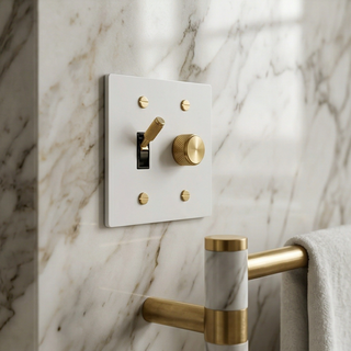 Ivory white and brass 2-gang toggle switch and dimmer plate