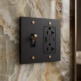Matte Black & Brass Toggle Switch + Outlet with USB-C & USB-A 2G