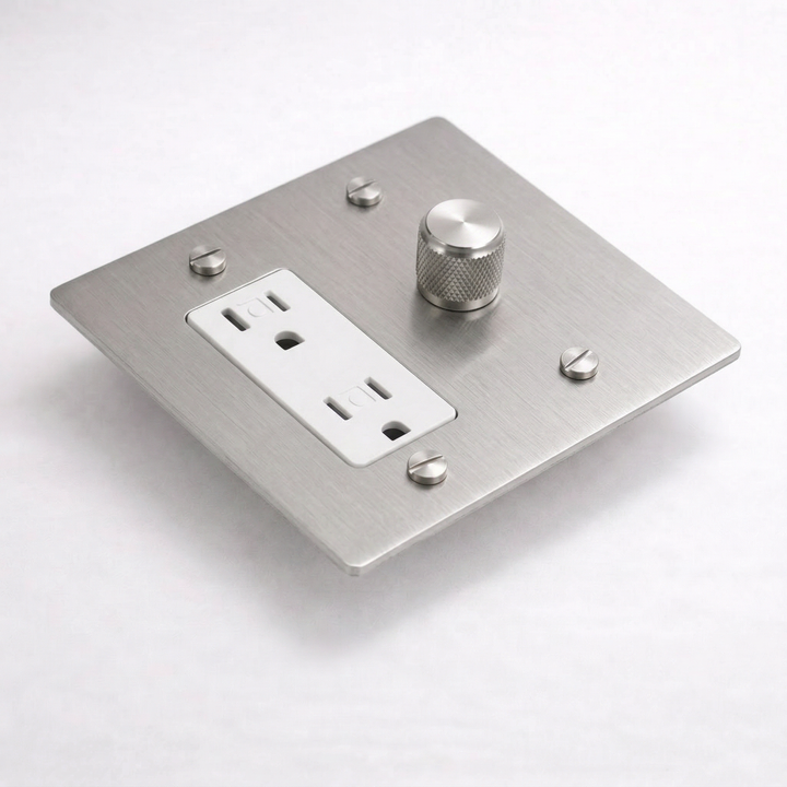 Stainless Steel Dimmer + Outlet 2G