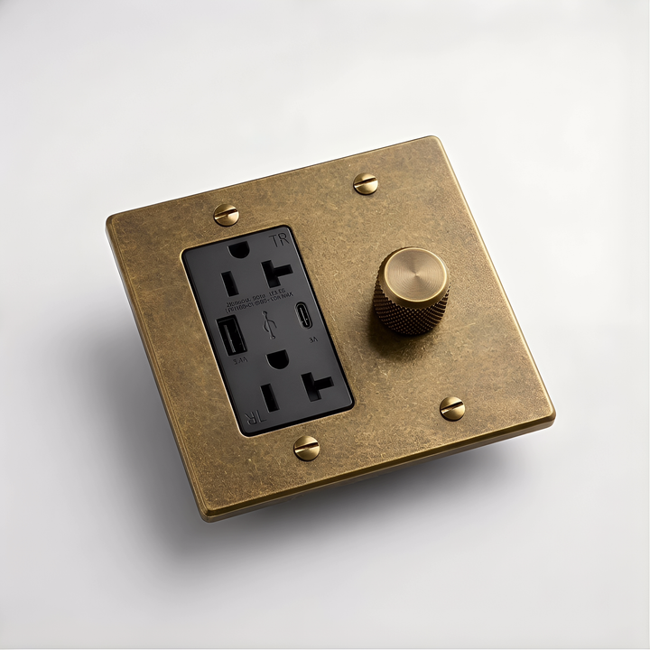 Aged Brass dimmer and USB outlet combination plate, angled view