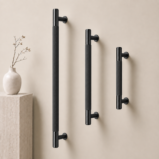 Camden door pulls in Matte Black, three lengths with fluted grips and round mounts