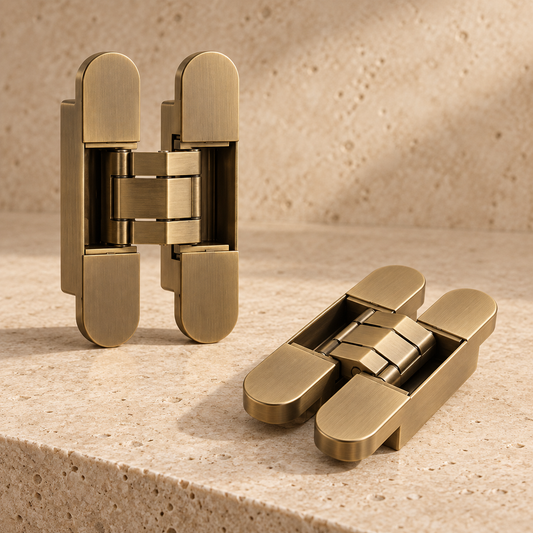 Two Aged Brass concealed door hinges, one upright and one resting on a stone surface.