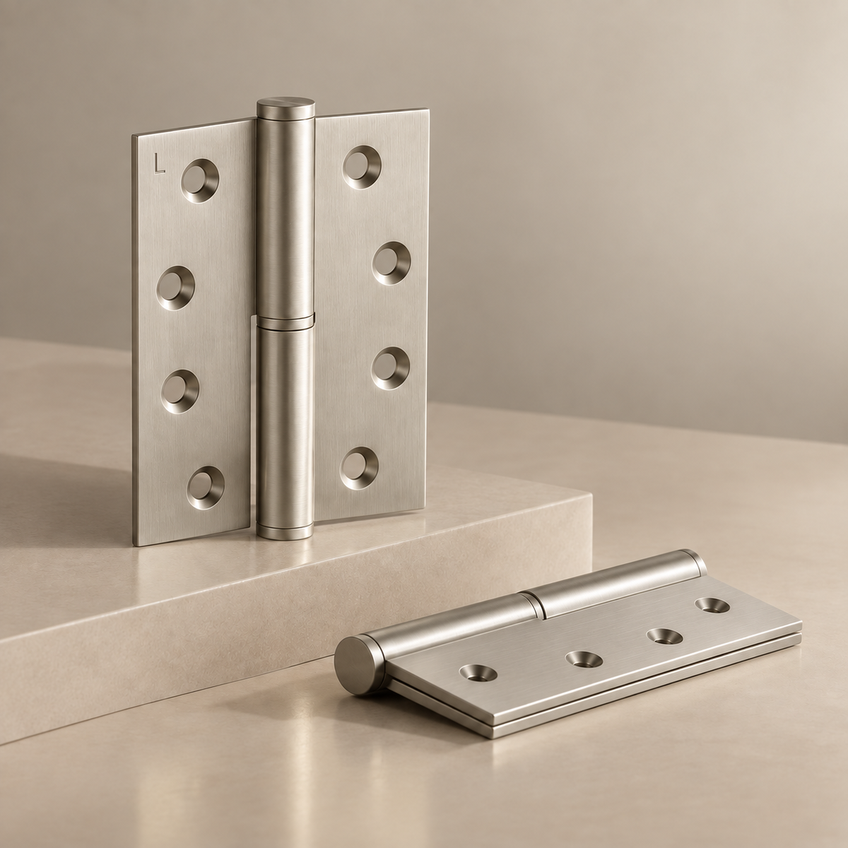 Two Brushed Nickel left-hand lift-off door hinges, displayed upright and flat on stone.