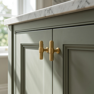 Two Aged Brass Kensington T-bar knobs installed on green cabinet doors below a marble countertop