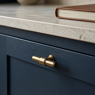 Aged Brass Kensington T-bar knob installed on a dark blue cabinet drawer below a stone surface