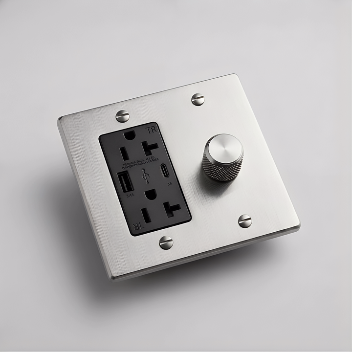 Brushed Nickel dimmer and USB outlet combination plate with a black insert, angled view