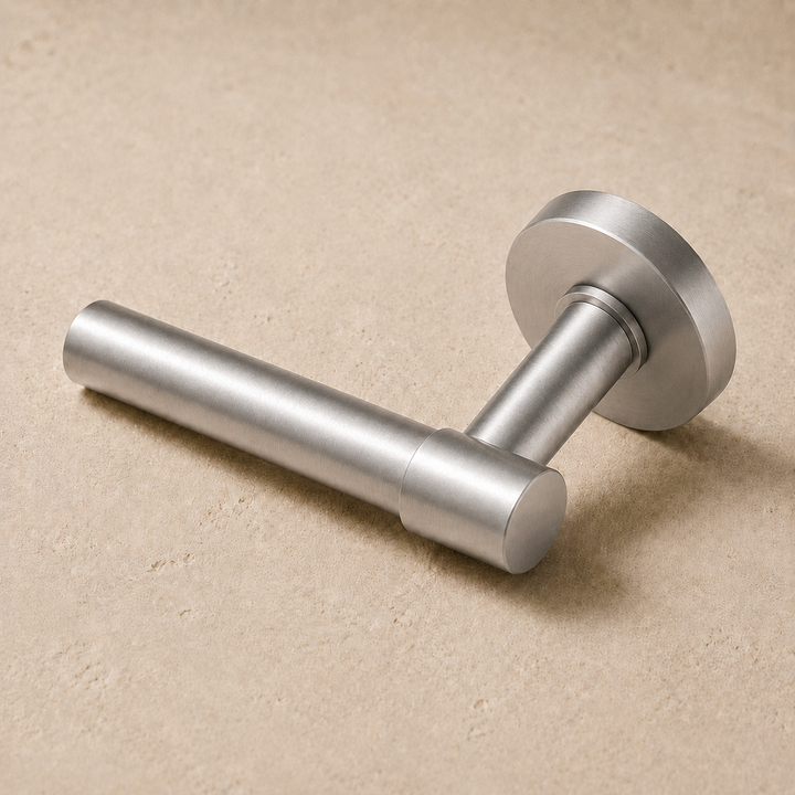 Foster Round door handle in Brushed Nickel, shown with its circular rose on a stone surface.