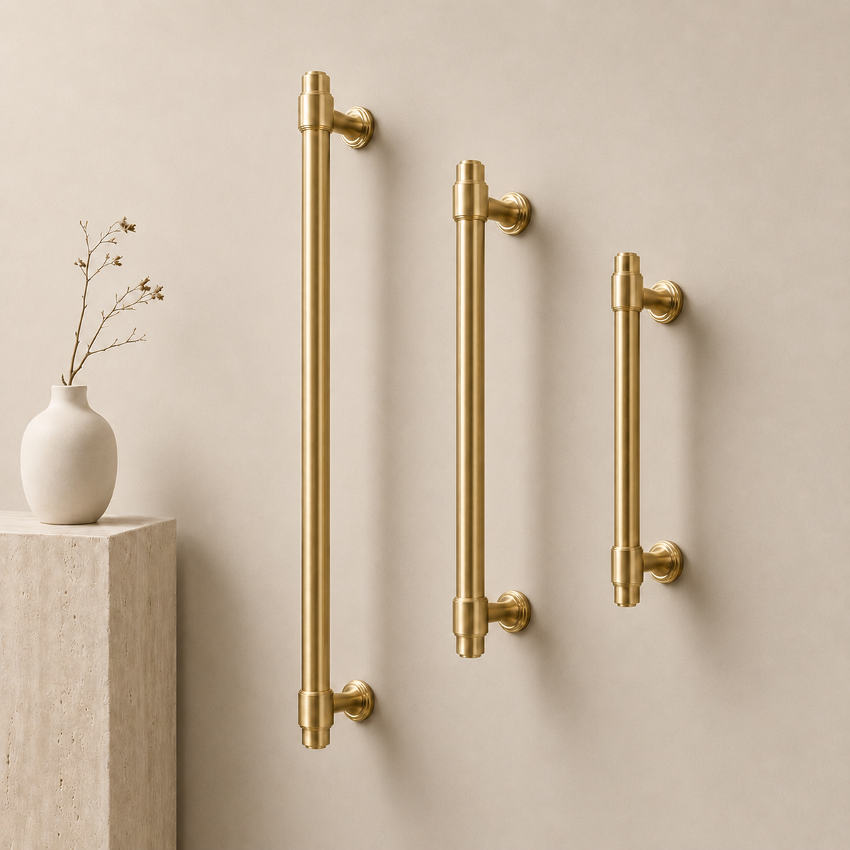Kensington Door Pull in Satin Brass, shown in three lengths.