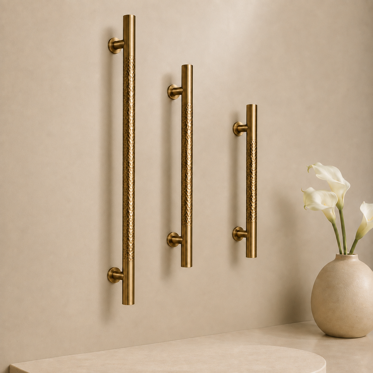 Marlow Door Pull in Aged Brass, shown in three lengths.
