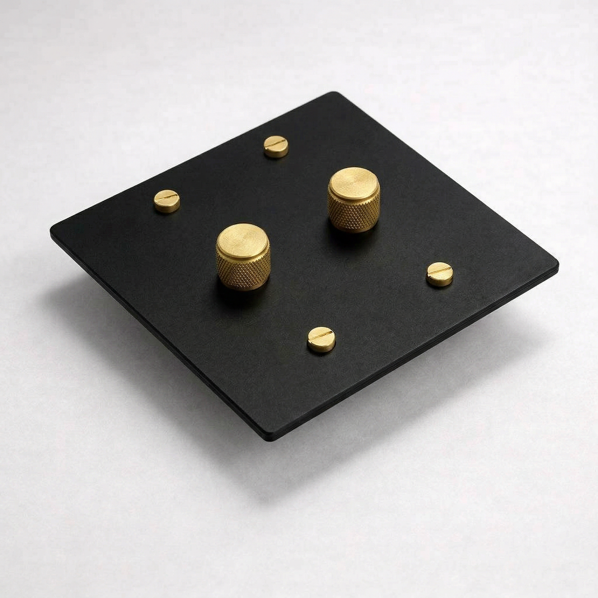 Matte Black & Brass 2-gang dimmer with two knurled dials, angled view