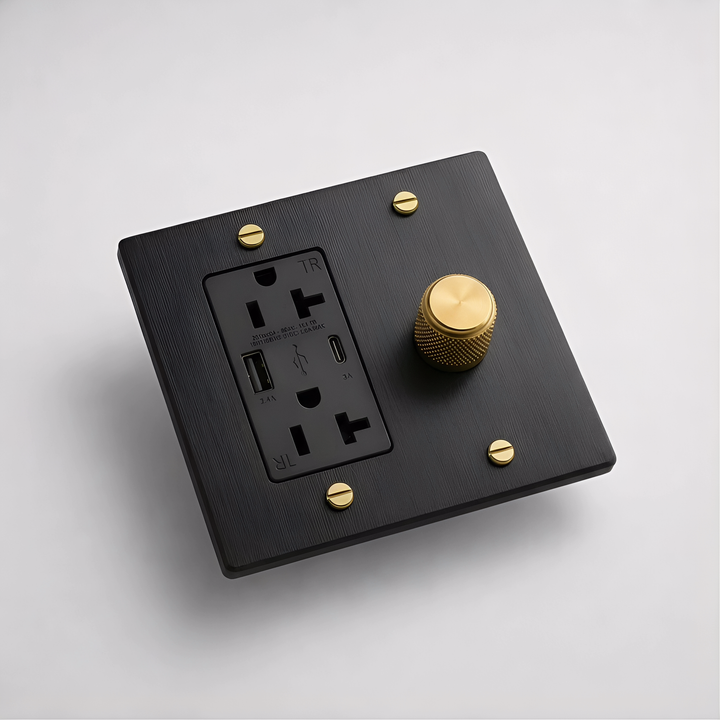 Matte Black & Brass dimmer and USB outlet combination plate, angled view
