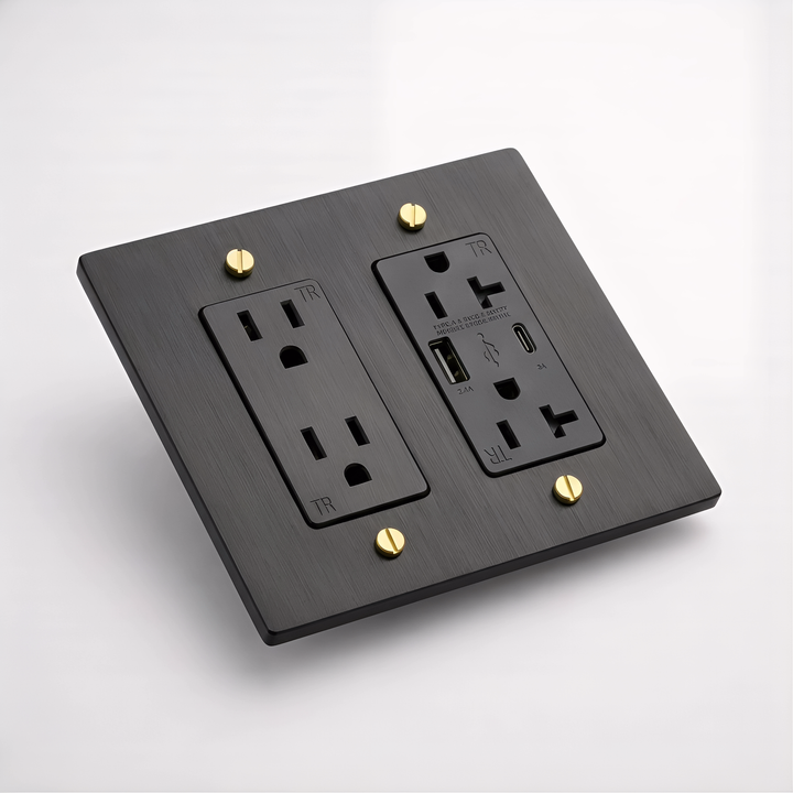 Matte Black & Brass plate with standard and USB duplex outlets, angled view