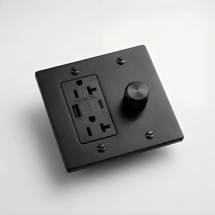 Matte Black dimmer and USB outlet combination plate, angled view