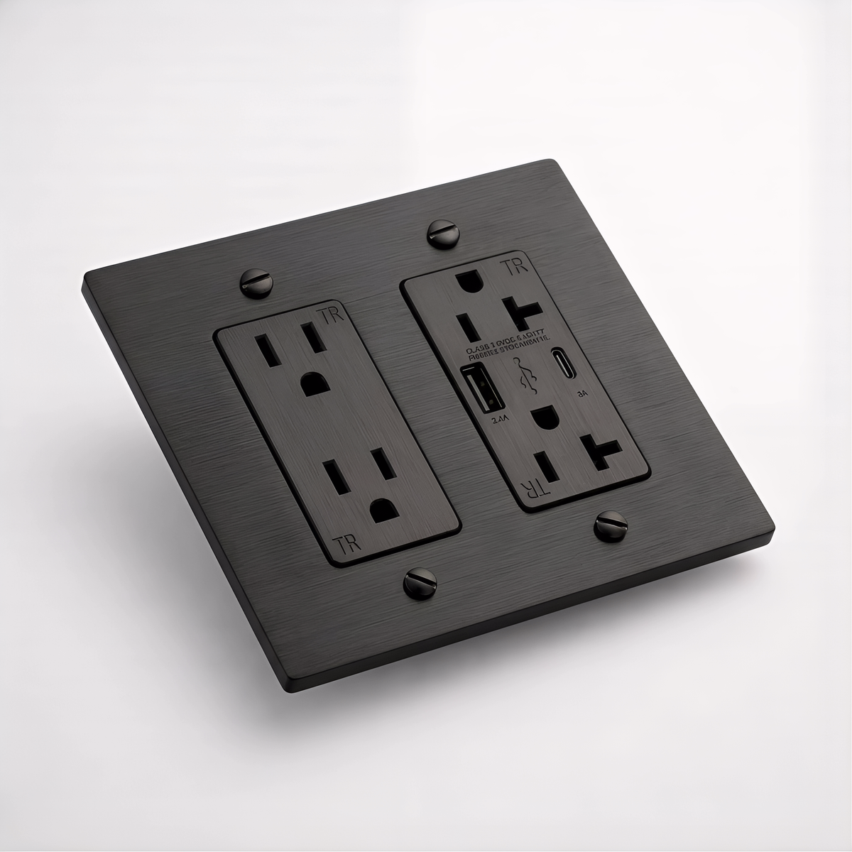 Matte Black plate with standard and USB duplex outlets, angled view