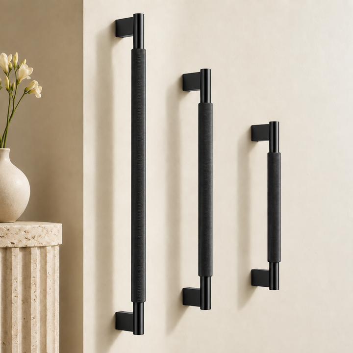 Mercer door pulls in Matte Black with rectangular mounts