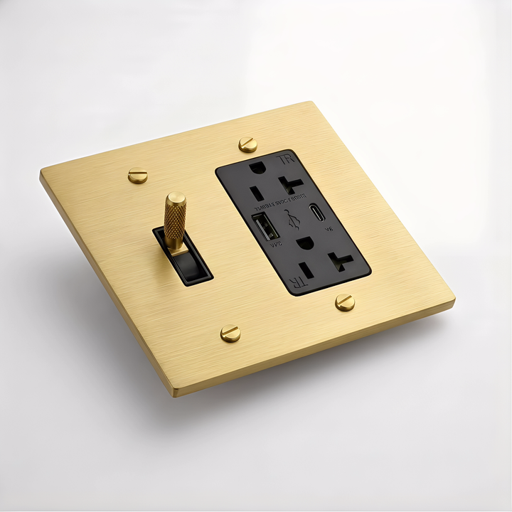 Satin Brass Toggle Switch + Outlet with USB-C & USB-A 2G