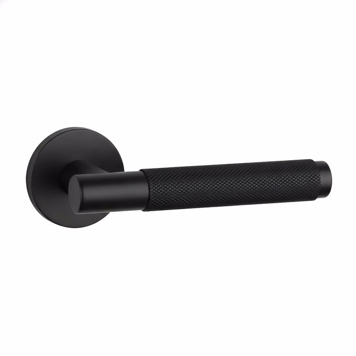 Knurled Door Handle on Round Rose - Matte Black