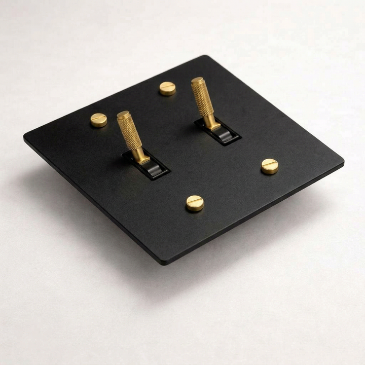Matte black and brass 2-gang toggle switch plate