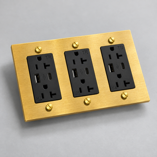 Aure Maison Satin Brass · 3-Gang · USB-C/A – Black — configuration render