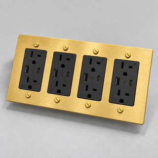 Aure Maison Satin Brass · 4-Gang · USB-C/A – Black — configuration render