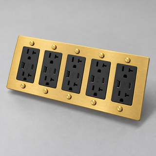 Aure Maison Satin Brass · 5-Gang · USB-C/A – Black — configuration render