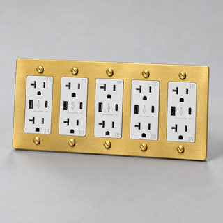 Aure Maison Satin Brass · 5-Gang · USB-C/A – White — configuration render