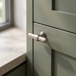 Brushed Nickel Kensington T-bar knob installed on a sage green cabinet drawer