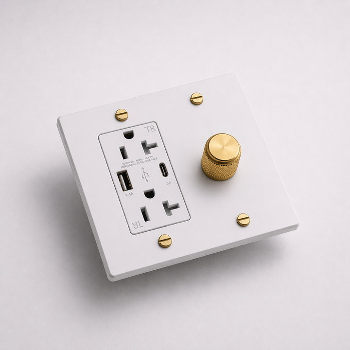 White & Brass dimmer and USB outlet combination plate with a white insert, angled view