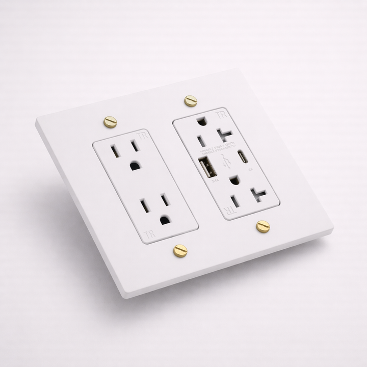 White & Brass plate with standard and USB duplex outlets with white inserts, angled view